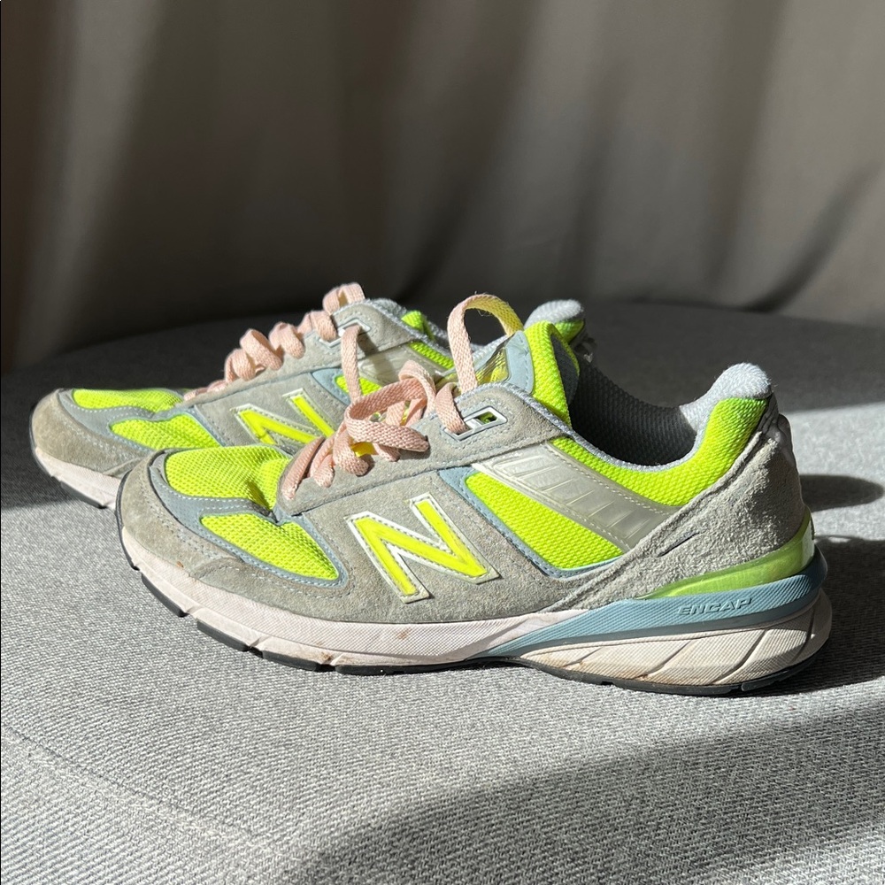 New Balance Women’s 990v5 Gray Suede and Neon Yellow Mesh Athletic Shoes
